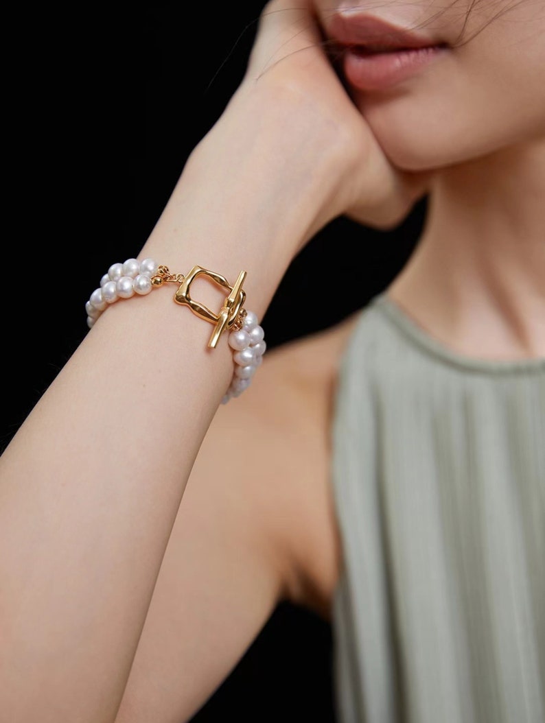 Double line real pearl bracelet, Dainty pearl bracelet, Bridesmaid gift, Freshwater bracelet Simple bracelet, Mothers day gift, Wedding gift image 3