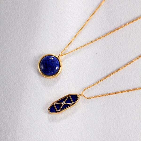 Natural Lapis lazuli pendant necklace, Vintage gold lapis necklace, Lapis pendant, Blue lapis necklace, December birthstone necklace