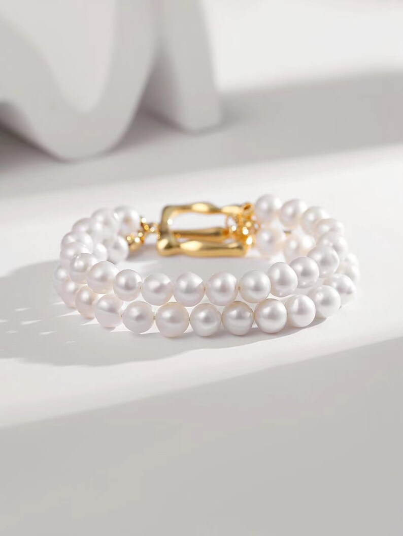 Double line real pearl bracelet, Dainty pearl bracelet, Bridesmaid gift, Freshwater bracelet Simple bracelet, Mothers day gift, Wedding gift image 2
