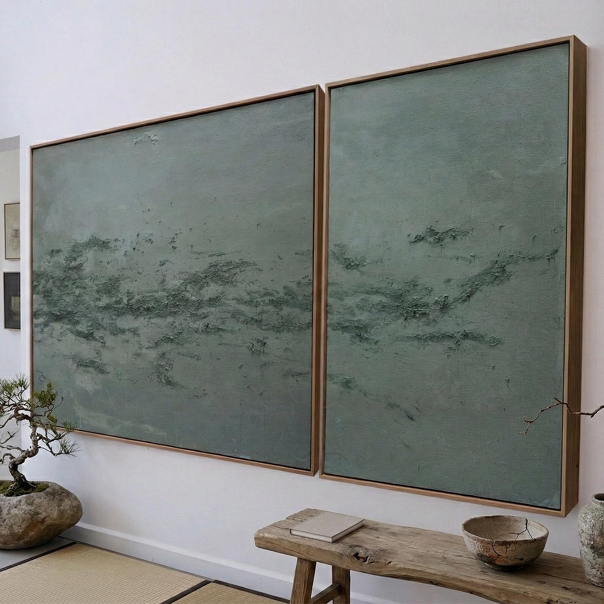 Neutral Green Wall Art Set Textured Abstract Diptych Minimalist Decor ...