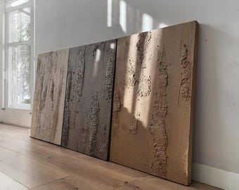 Set of 3 Textured Panels in Brown, Terracotta & Beige - Vertical Raised Texture Art