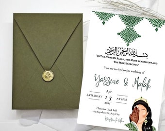 Plantilla de invitación de boda marroquí: Tarz Rbati verde tradicional (Invitación digital)
