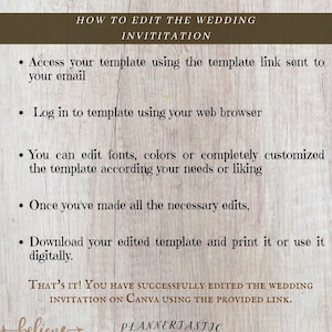 Puede incluir: Una gu&iacute;a sobre c&oacute;mo editar una invitaci&oacute;n de boda utilizando un enlace de plantilla. Los pasos incluyen acceder a la plantilla, iniciar sesi&oacute;n, editar fuentes y colores, realizar las ediciones necesarias y descargar la plantilla editada. El texto "THAT'S IT! YOU HAVE SUCCESSFULLY EDITED THE WEDDING INVITATION ON CANVA USING THE PROVIDED LINK." tambi&eacute;n est&aacute; incluido. El texto "PLANNERTASTIC" est&aacute; en la parte inferior de la imagen.
