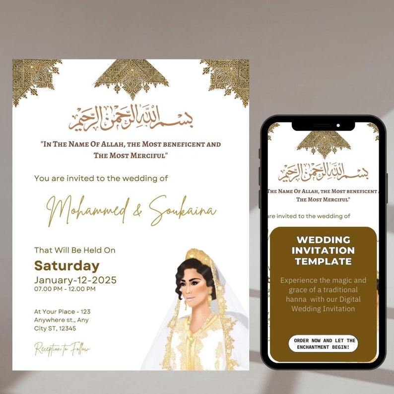 Moroccan Traditional Wedding or Henna Invitation Template, Printable Classic Simple Wedding ...