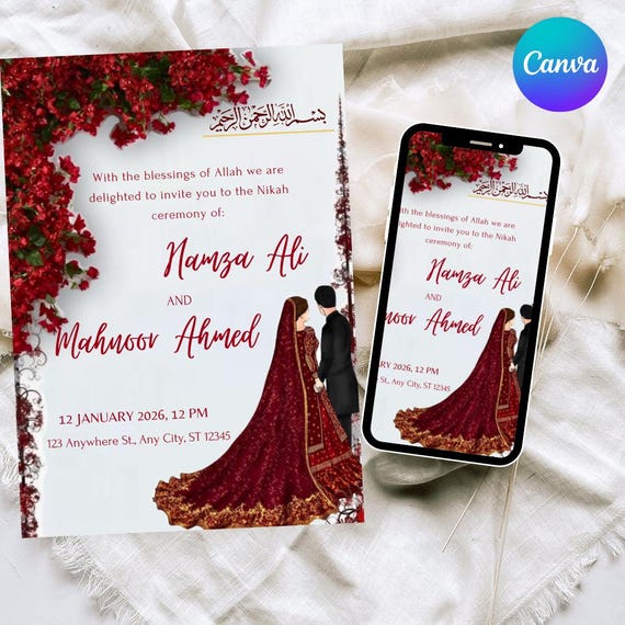 Red Floral Muslim Wedding Invitation: Nikkah, Baraat (editable