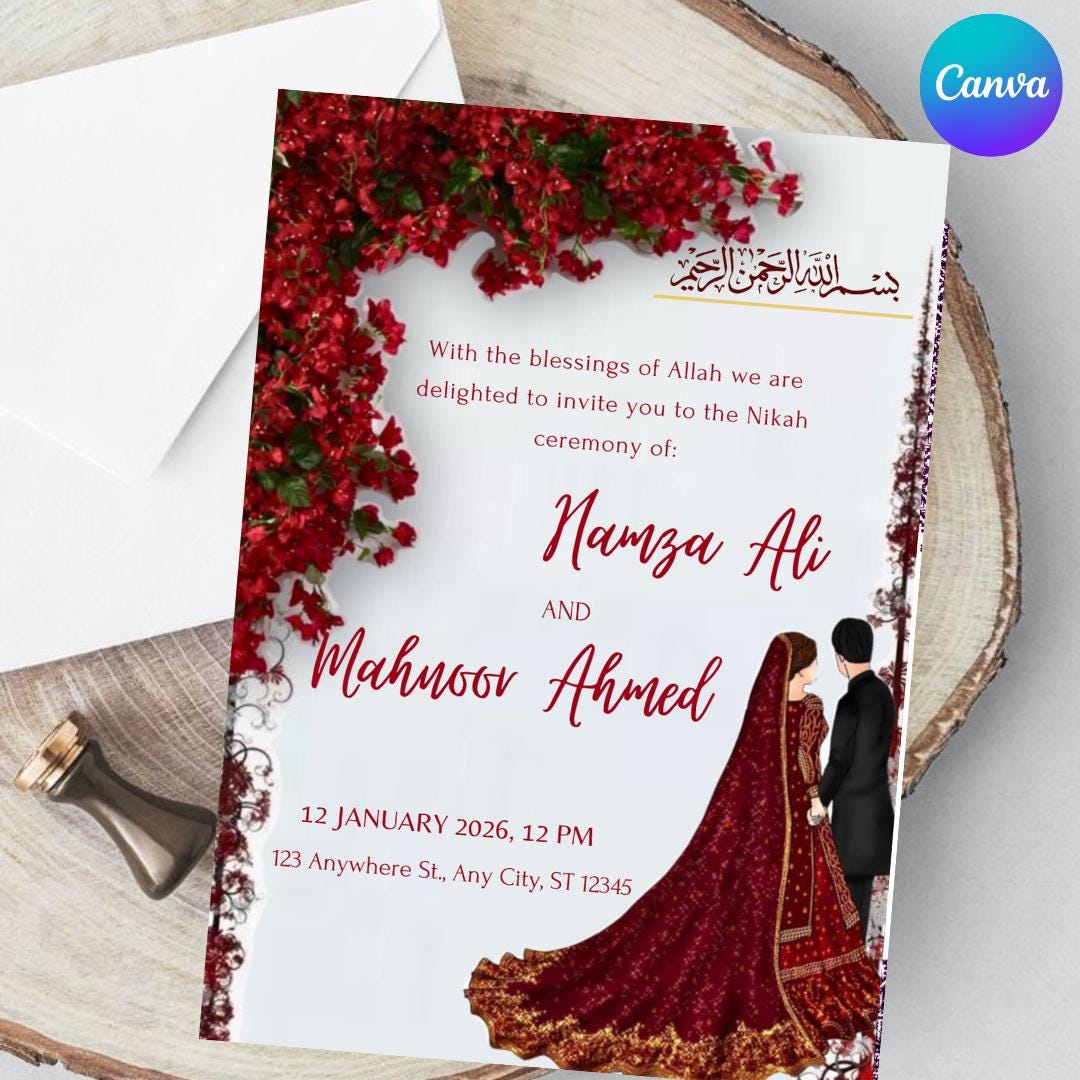 Red Floral Muslim Wedding Invitation: Nikkah, Baraat (editable