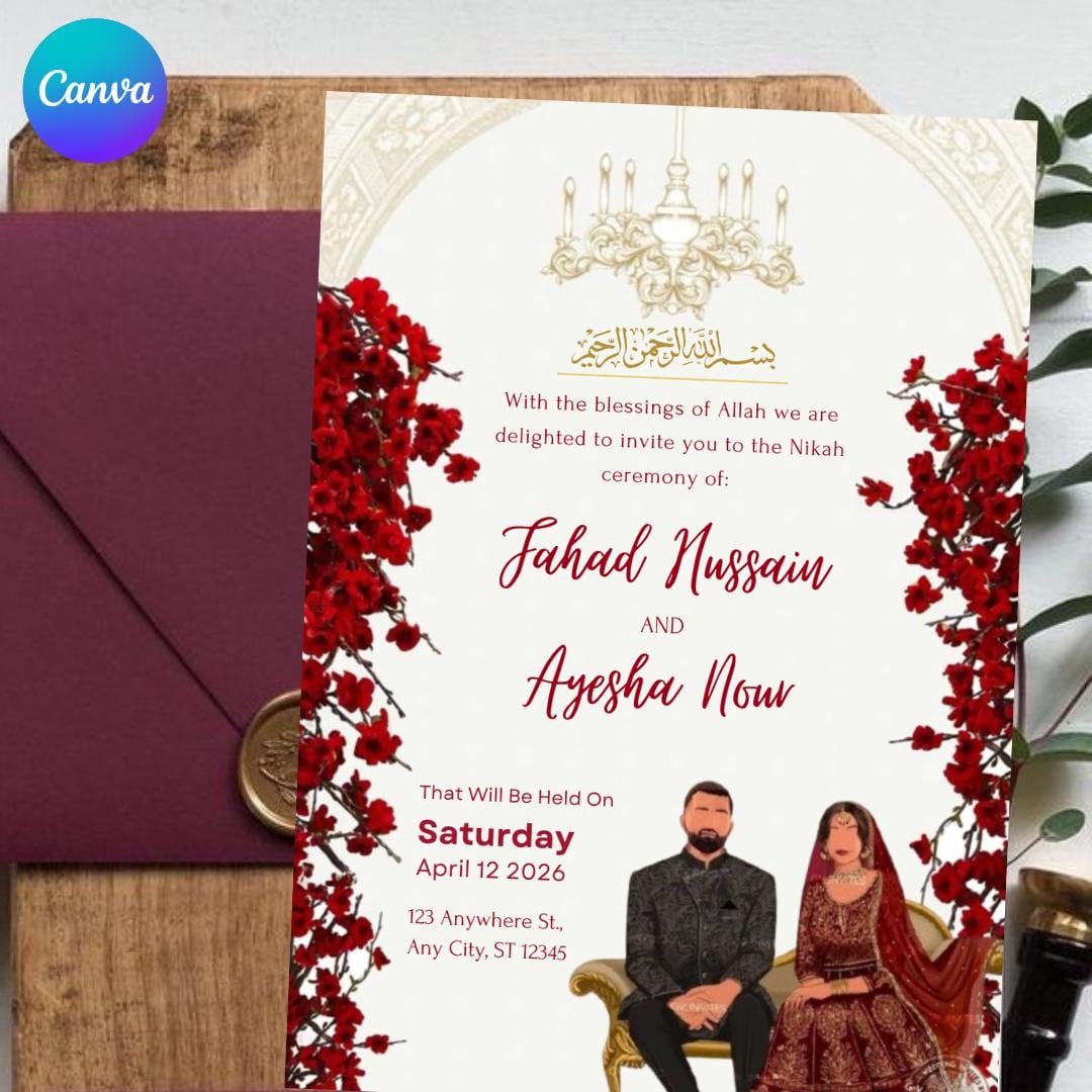 Red Floral Muslim Wedding Invitation: Nikkah, Baraat (editable