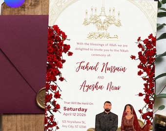 Invitación de boda musulmana con flores rojas: Nikkah, Baraat (Plantilla digital editable)