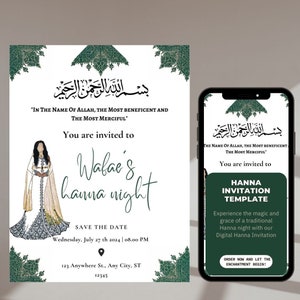 Puede incluir: Una invitaci&oacute;n verde y blanca para una celebraci&oacute;n de la noche de Hanna. La invitaci&oacute;n presenta una ilustraci&oacute;n de una mujer con un vestido tradicional y el texto "Est&aacute;s invitado a la noche de Hanna de Wabae". La invitaci&oacute;n tambi&eacute;n incluye la fecha y la hora del evento, as&iacute; como la direcci&oacute;n. El texto "En el nombre de Al&aacute;, el M&aacute;s Misericordioso, el M&aacute;s Misericordioso" est&aacute; escrito en &aacute;rabe en la parte superior de la invitaci&oacute;n.