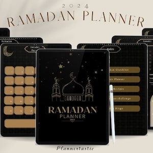 Könnte beinhalten: Ein digitaler Planer für Ramadan 2024 mit schwarzem Hintergrund und goldenen Akzenten. Der Planer enthält Abschnitte für die Menüplanung, Rezepte, eine tägliche Checkliste und ein Ramadan-Bingo-Spiel.