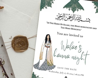 Plantilla de invitación de henna marroquí: Tarz Fasi verde, boda tradicional (Invitación digital)