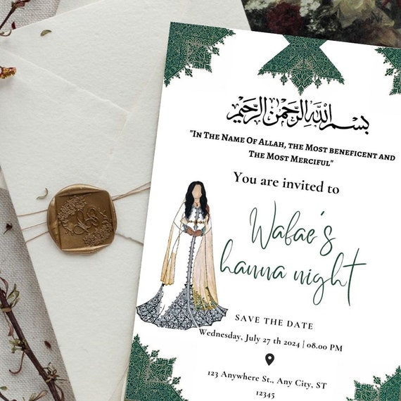 Moroccan Henna Invitation Template: Green Tarz Fasi, Traditional wedding (Digital Invitation)