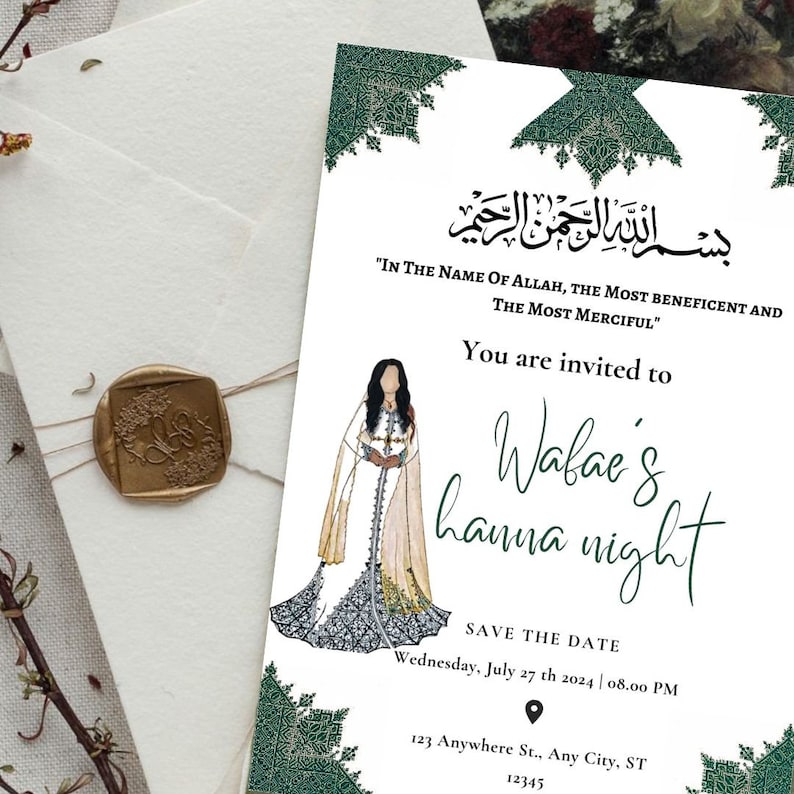 Moroccan Henna Invitation Template: Green Tarz Fasi, Traditional ...