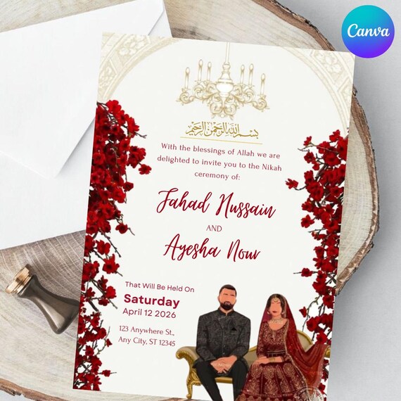 その他 Invitation Red Floral Muslim Wedding Invitation: Nikkah, Baraat (editable