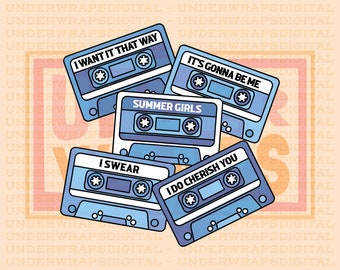 May include: Five vintage cassette tapes with blue and white designs. The tapes are stacked on top of each other and have the following song titles: "I Want It That Way", "It's Gonna Be Me", "Summer Girls", "I Swear", and "I Do Cherish You".