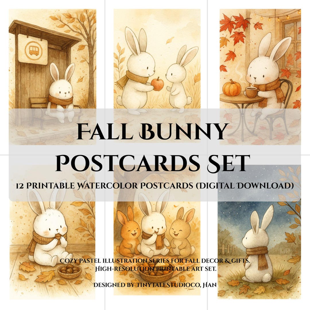 Fall Bunny Printable Postcard Set, 12 Autumn Designs, A6 4x6 Digital ...