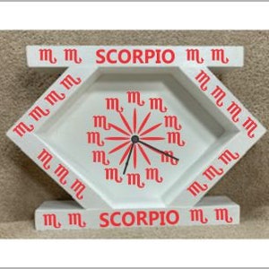 Astrology, SCORPIO, Clock, Handmade,  Zodiac Symbols, , Hang on the Wall or Sit on a Table, White  Wood, size 7 h x 10.5 w x 1.5 d inches