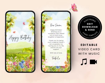 Digital Birthday Card Animated Video eCard Happy Birthday electronic mobile e-Card Smarphone Bday Instant Download for her template DP-HBC01