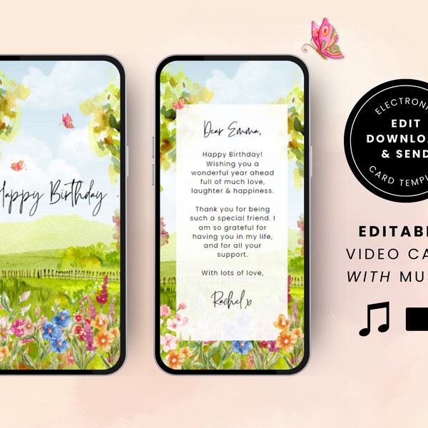 Digital Birthday Card Animated Video eCard Happy Birthday electronic mobile e-Card Smarphone Bday Instant Download for her template DP-HBC01