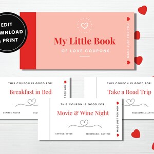 Printable Love Coupon Book Customizable Voucher Template for Him and Her Romantic Editable ...