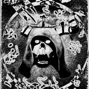 May include: Black and white illustration of a skull wearing a hooded robe with a crown on top. The skull is surrounded by a circle with a pattern of lines and swirls. The image has a distressed, vintage look.