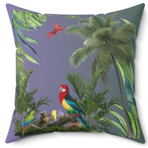 Jungle Parrot Pillow Tropical Bird Botanical Throw Cushion Parrot Exotic Room Decor Palm Tree Printed Sofa Accent Bird Lover Gift For Him