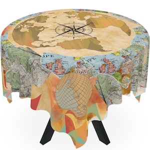 May include: Round tablecloth with a vintage world map design. The tablecloth features a compass rose, a globe, and various maps of different continents. The tablecloth is made of a soft, durable fabric and is perfect for adding a touch of vintage charm to any dining room.