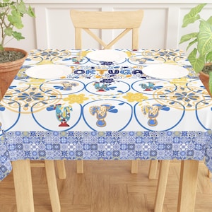 Portuguese Blue Tile Tablecloth Traditional Rooster Of Luck Portugal Table Decor Kitchen Dining Table Cloth Portuguese Gift Toalha Portugal