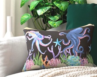 Octopus Ocean Marine Life Lumbar Pillow Sea life Pillow Nautical Throw Pillow Ocean Inspired Room Decorative Accent Beach Home Decor Coastal