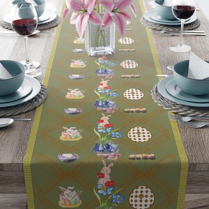 Easter Egg Bunny Table Runner Easter Sage Green Table Linen With Check Border Easter Spring Table Decor Easter Dining Decor Easter Home Gift