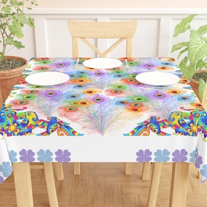 Peacock Tablecloth Colourful Indian Print Table Linen Peacock Square Table Cover Housewarming Gift Country Kitchen Tabletop Decoration