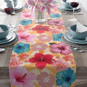 Hibiscus Table Runner Tropical Summer Floral Decor Hawaiian Coastal Home Party Linen Hawaii Wedding Decor Rose Of Sharon Table Decor