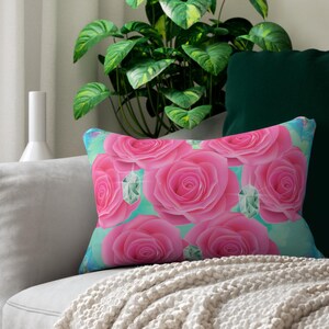 Aqua Blue And Fuchsia Pink Lumbar Pillow Aqua Rose Throw Pillow Aqua Floral Cushion Rose Room Garden Decor Aqua Gem Lover Gift Rose Decor