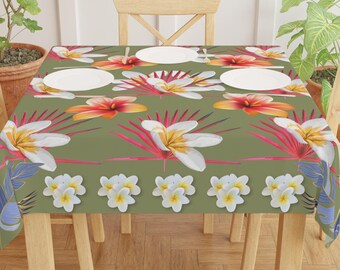 Plumeria Flower Print Green Tablecloth Hawaiian Tapa Tablecloth Tropical Bora Bora Tablecloth Frangipani Leaf Pattern Exotic Tablecloth