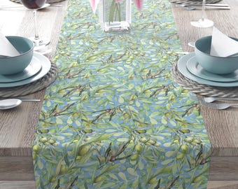 Olive Mediterranean Style Table Runner Blue Olive Print Green Table Linen For Olive Theme Harvest Thanksgiving Festival Event Party Tables