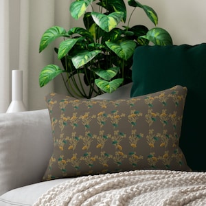 Gingko Leaf Lumbar Pillow Grey Leaf And Flower Print Throw Pillow Golden Flower Leaf Print Toss Pillow Floral Lumbar Pillow Gift For Her