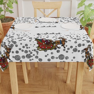 Reindeer Tablecloth Santa Sleigh Table cloth White Table With Silver Balls Christmas Theme Table Xmas Party Table Reindeer Santa Motif Table