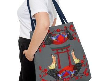 Chinoiserie Tote Bag Pagoda Tote Bag Asian Tote Bag Humming bird Handbag Japanese Geisha Travel Bag Oriental Travel  Bag Chintz Gift For Her