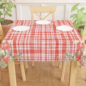 Red Checker Tablecloth Gingham Floral Border Table Cloth Square Checquered Linen Square Print Table Decor Check Pattern Party Event Decor