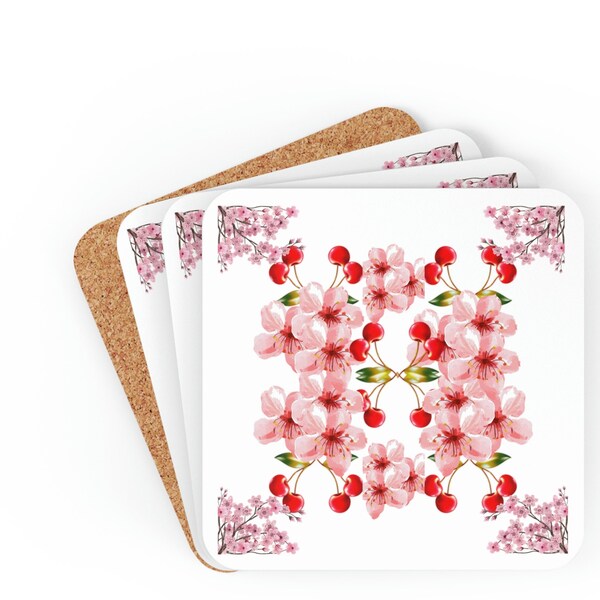 Red Cherries And Blossoms Fruit Coaster Set Of 4,Drink Coasters,Art Coasters,Tablemat,Unique Birthday Gifts For Her,Housewarming Gifts.
