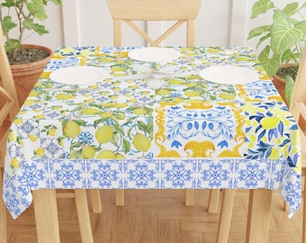 Lemons On Blue Tile Tablecloth Citrus Floral Table Cloth Mediterranean Table Linen Italian Style Decor Citrus Party Event Celebration Decor