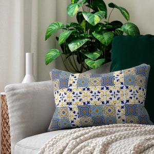 Portuguese Blue And White Tile Lumbar Pillow Mediterenean Throw Pillow Portuguese Room Decor Blue Tile Cushion Portuguese Home Decor Accent