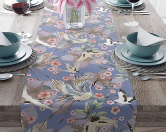 Oriental Stork Table Runner Chinoiserie Bird Table Runner Stork Table Runner Asian Floral Linen Asia Home Decor Asian Wedding Party Decor