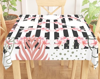 Plumeria Flower Tablecloth Frangipani Hawaiian Tropical Floral Table cover Leaf Pattern Striped Table Top Home Decor Dinner Table Holiday