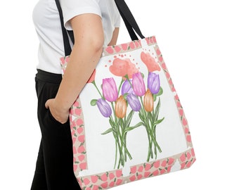 Tulip Tote Bag Tulip White Floral Border Botanical Tote Bag Tulip Travel Bag With Handle Tulip Flower Bag Tulip Theme Gift Bag Tulip Gift