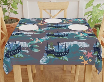 Ocean Tablecloth Mermaid Tablecloth Ocean Ship Print Tablecloth Ship Theme Tablecloth Mermaid Beach House Table Decor Coastal Home Decor