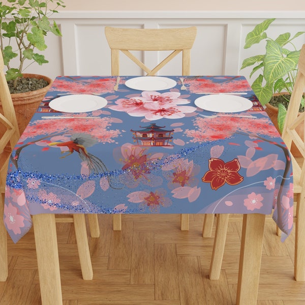 Chinoiserie Floral Blue Tablecloth Chinese Pheasant Table Cloth Cherry Flower Decor Pagoda Print Table Decor Chinese New Year Festive Gift