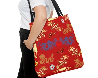 Dragon Red Asian Tote Bag China Lunar New year Gift Tote Dragon Travel Tote Dragon chinoiserie Festive Gift Tote Sakura Flower Tote Bag