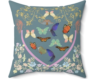 Butterfly Throw Pillow Blue Butterfly cushion With Heart Butterfly Floral Toss Pillow Butterfly Sofa Accent Pillow Butterfly Home Decor