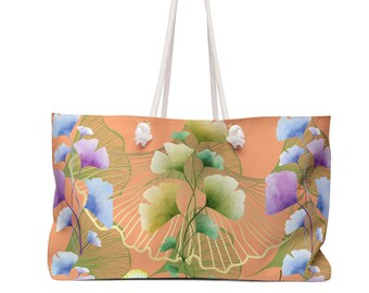 Gingko Leaf Weekender Bag Biloba Beach Tote Bag Gingko Floral Luxury Holiday Picnic Weekend Tote Gingko Women Travel Bag With Rope Handle